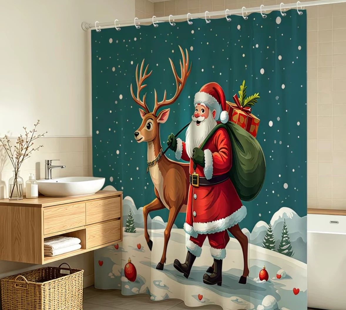New Stock - Christmas Santa and Reindeer Shower Curtain - photo 3