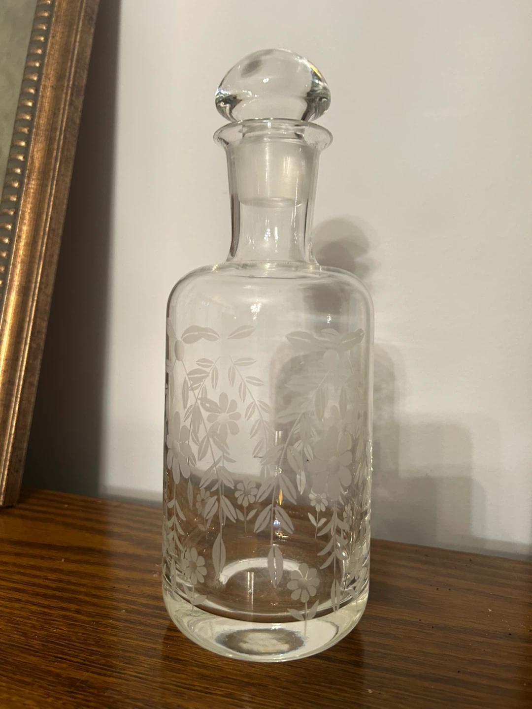 Clear Glass Floral Etched Decanter