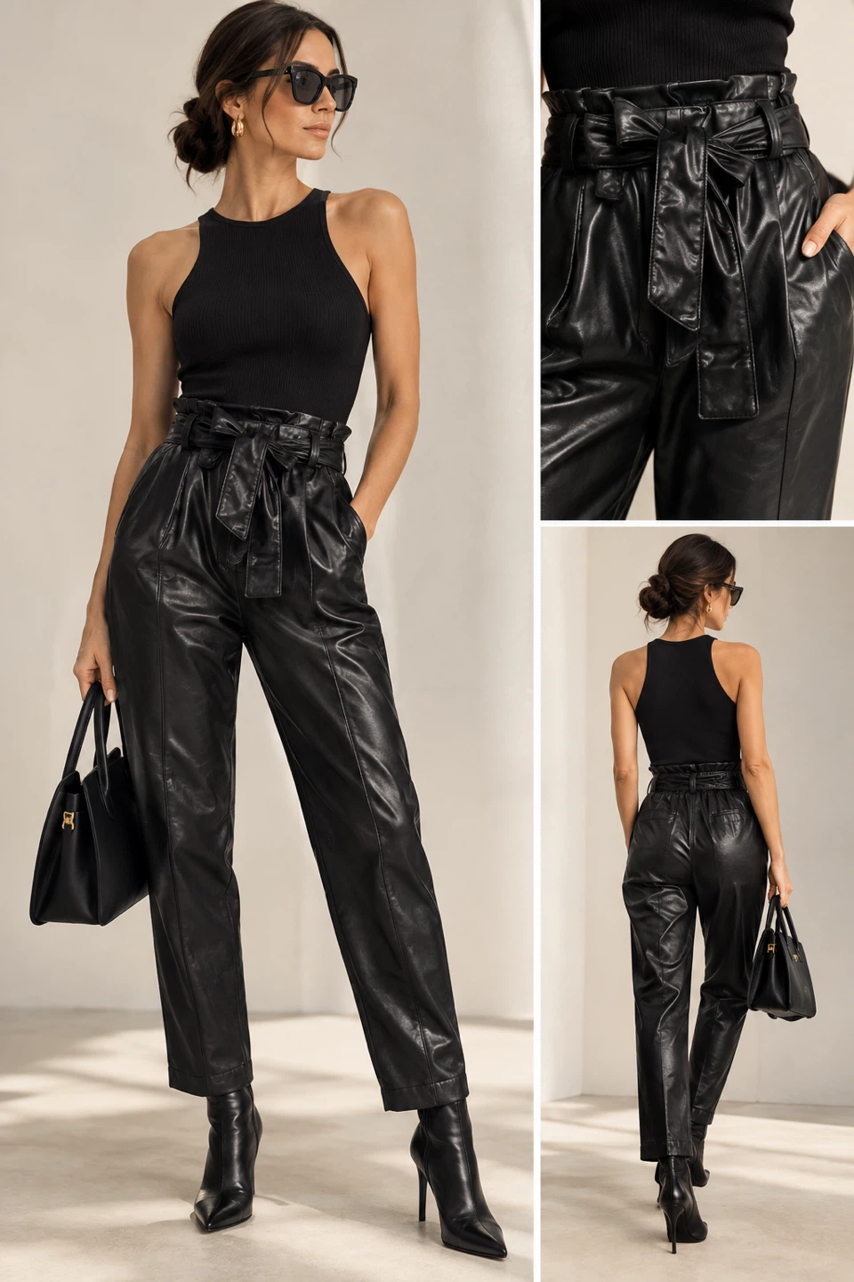 Black Faux Leather Paperbag Waist Trousers