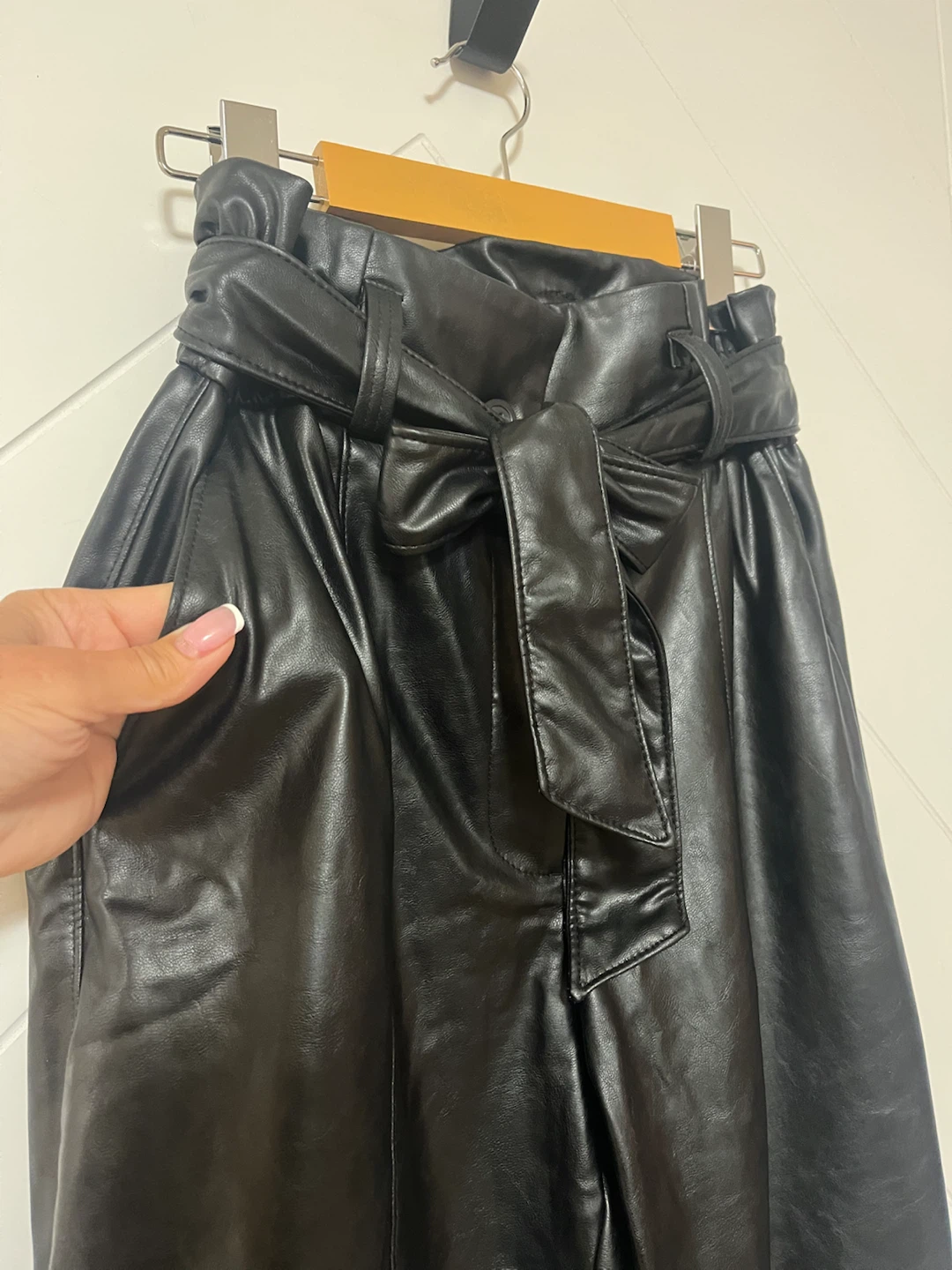 Black Faux Leather Paperbag Waist Trousers - photo 3