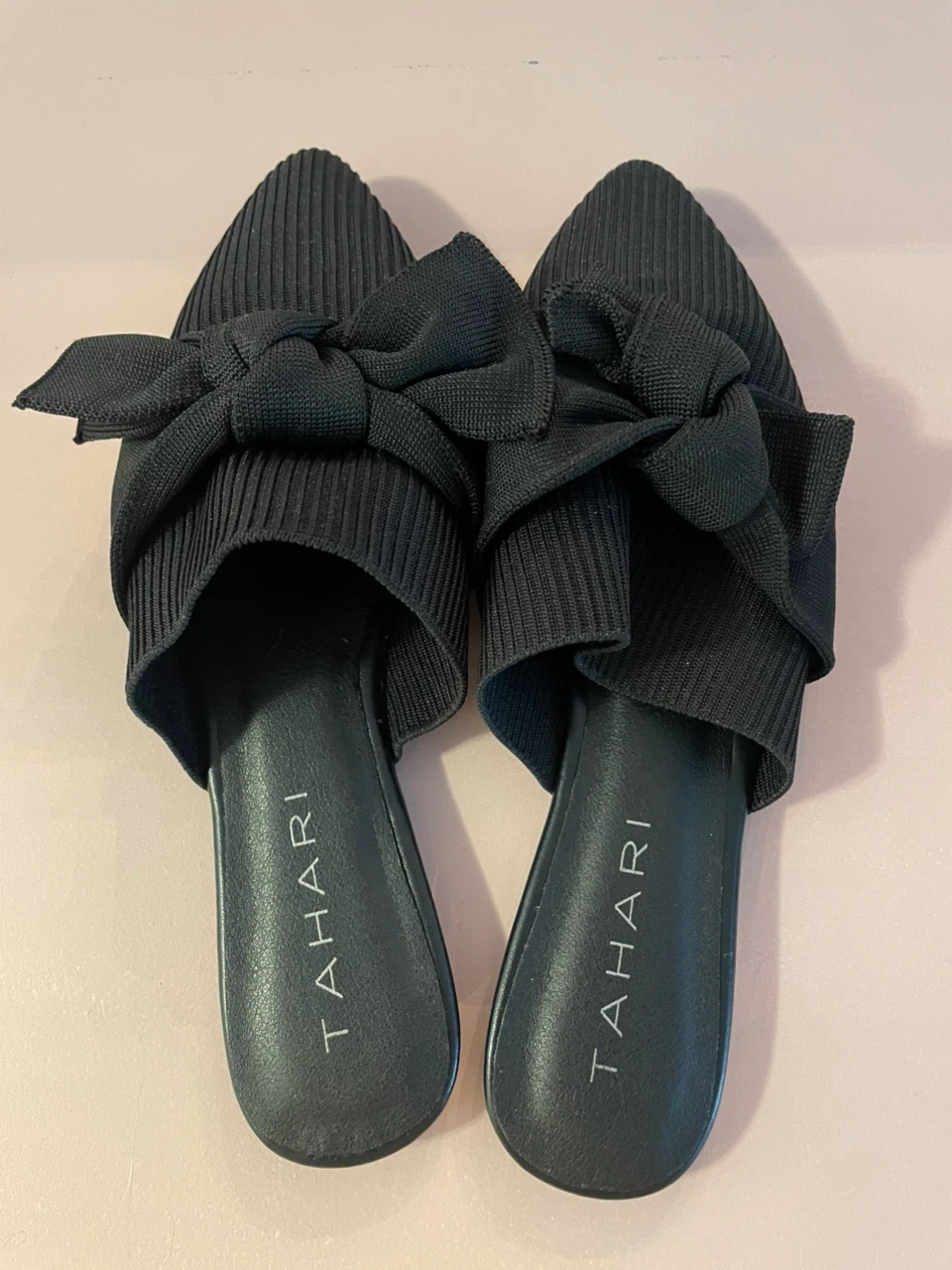 Tahari Black Ribbed Bow Mules
