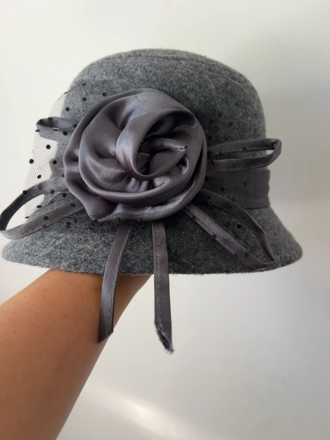 Grey Wool Blend Flower Detail Hat
