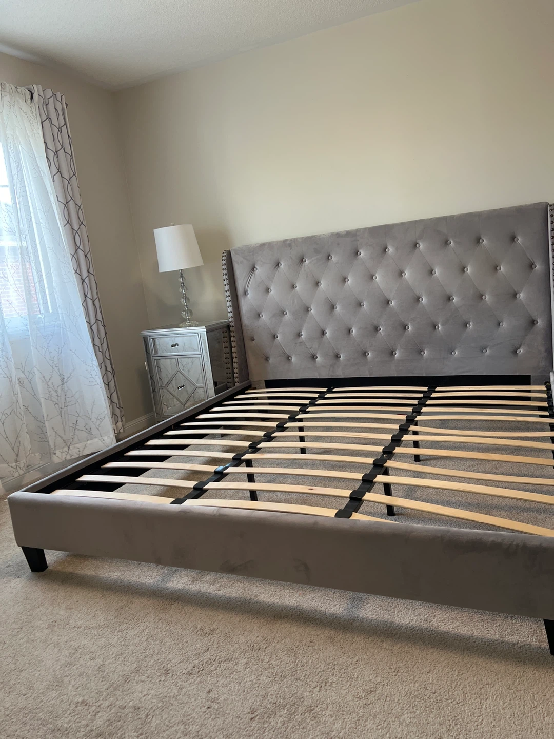 Grey Upholstered Tufted Queen Bed Frame