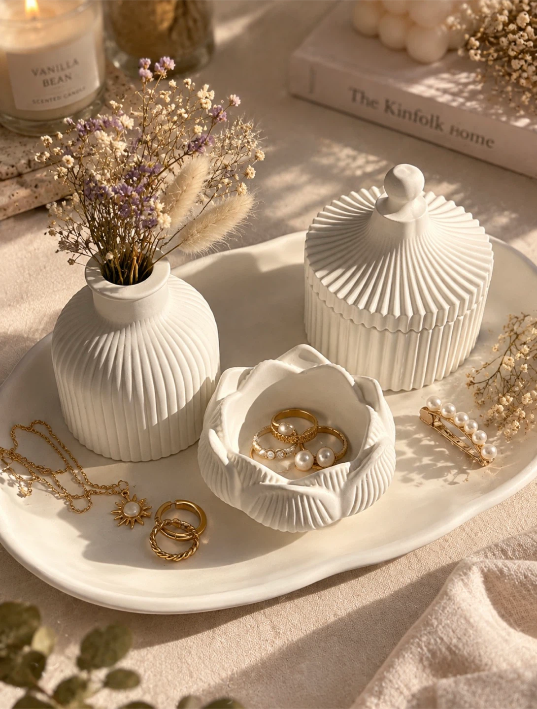 White Ceramic Vanity Tray and Trinket Set