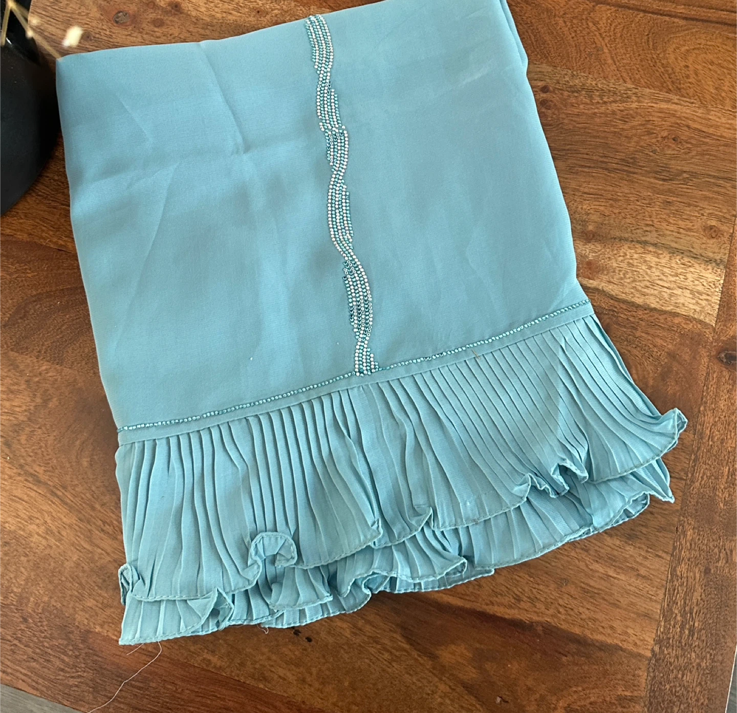 Aqua Chiffon Pleated Shawl with Rhinestones