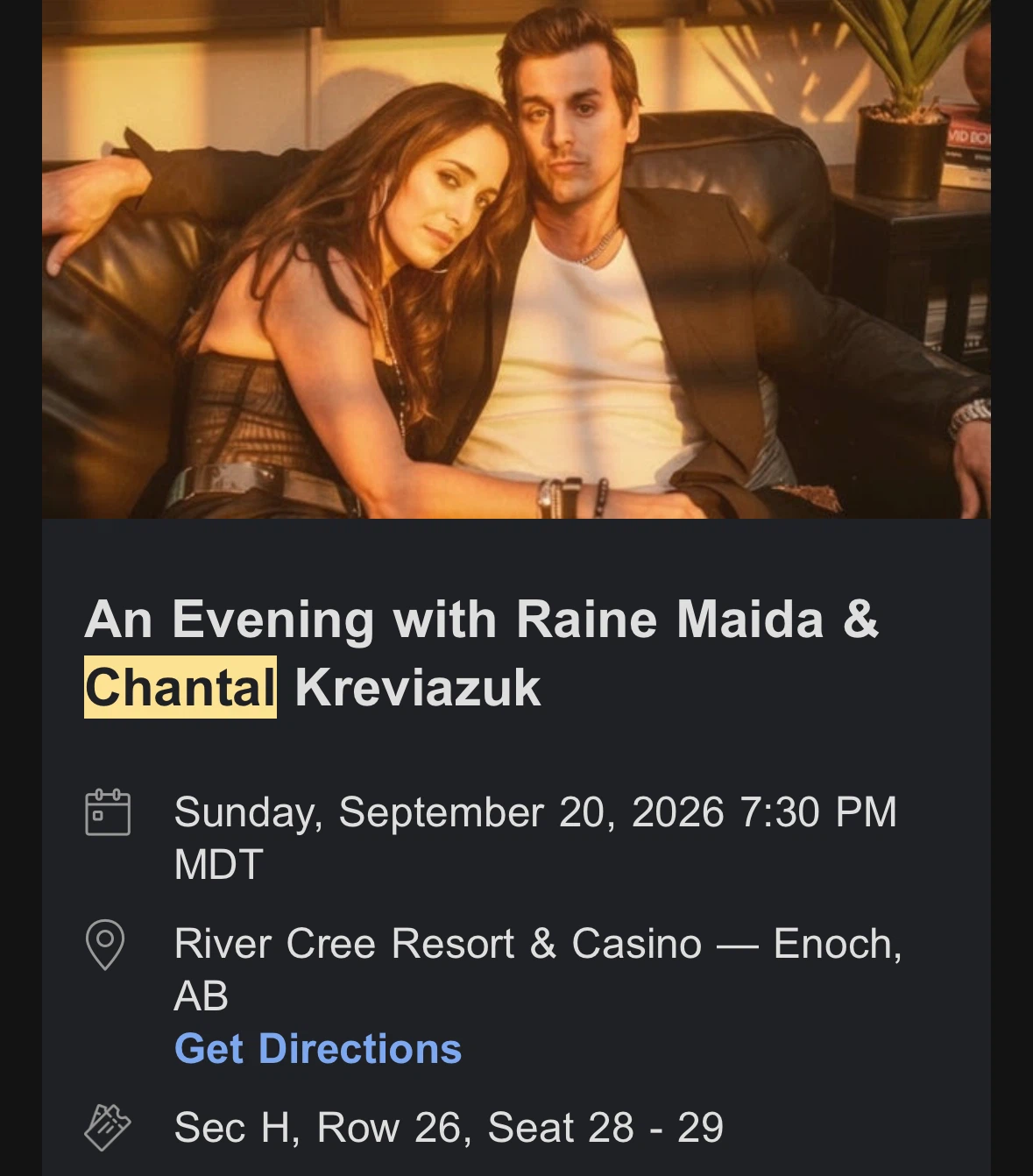 2 Tickets to An Evening with Raine Maida & Chantal Kreviazuk