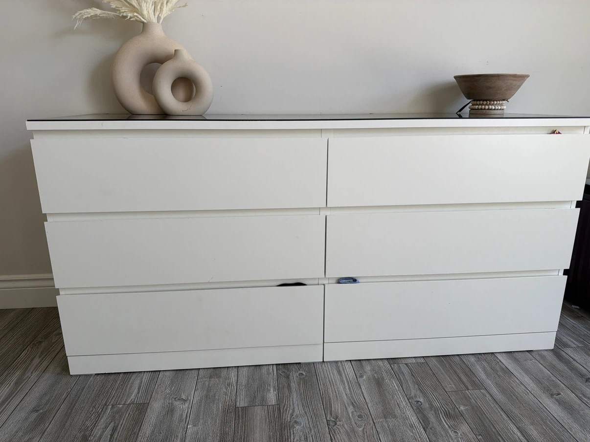 IKEA Malm 6-Drawer Dresser with black glass top