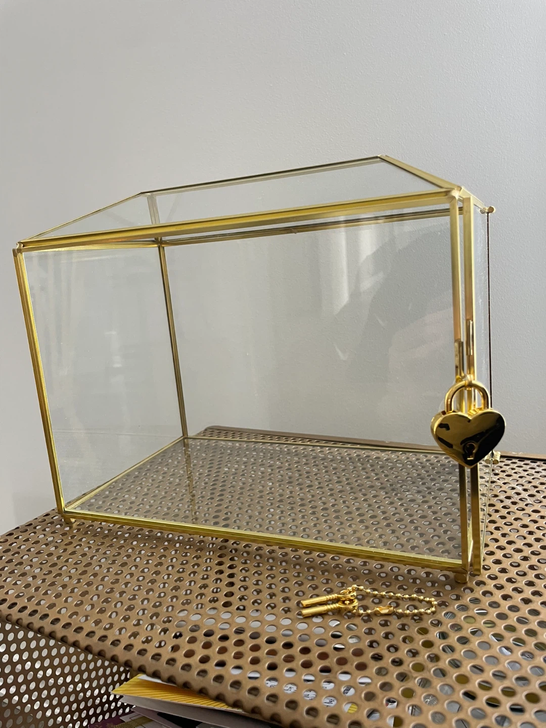Glass and Gold Metal Card Box with Heart Lock