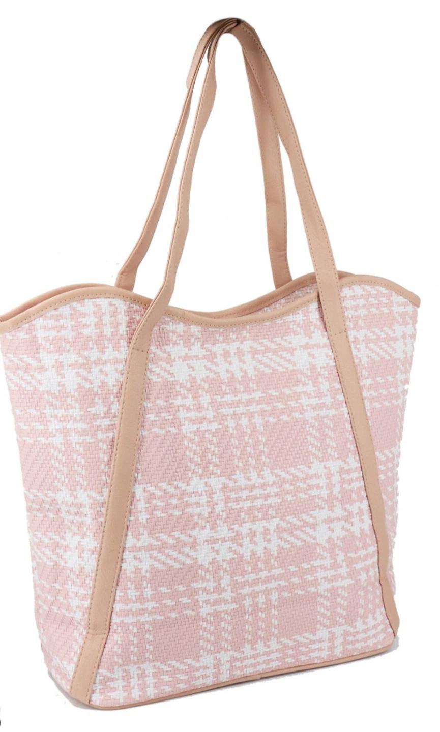 Pink and white woven tote bag