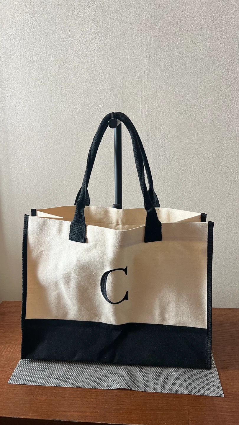 Monogrammed “C” Cream and Black Cotton Canvas Tote Bag