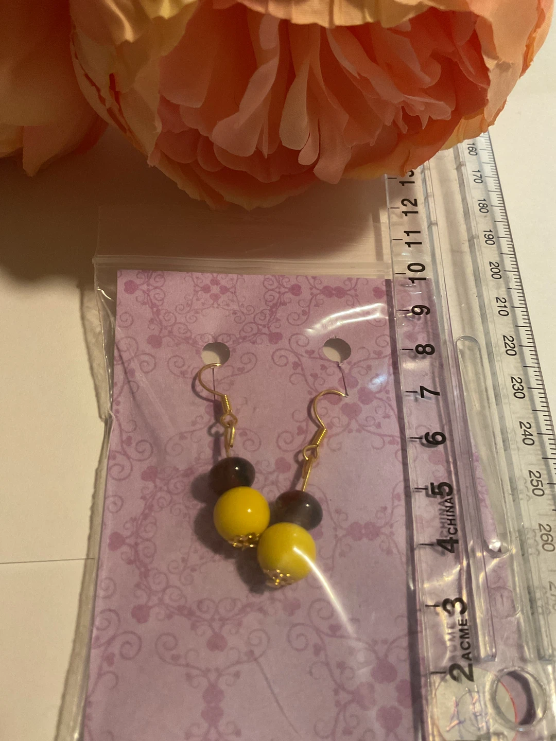 Yellow and dark brown beaded hook earrings