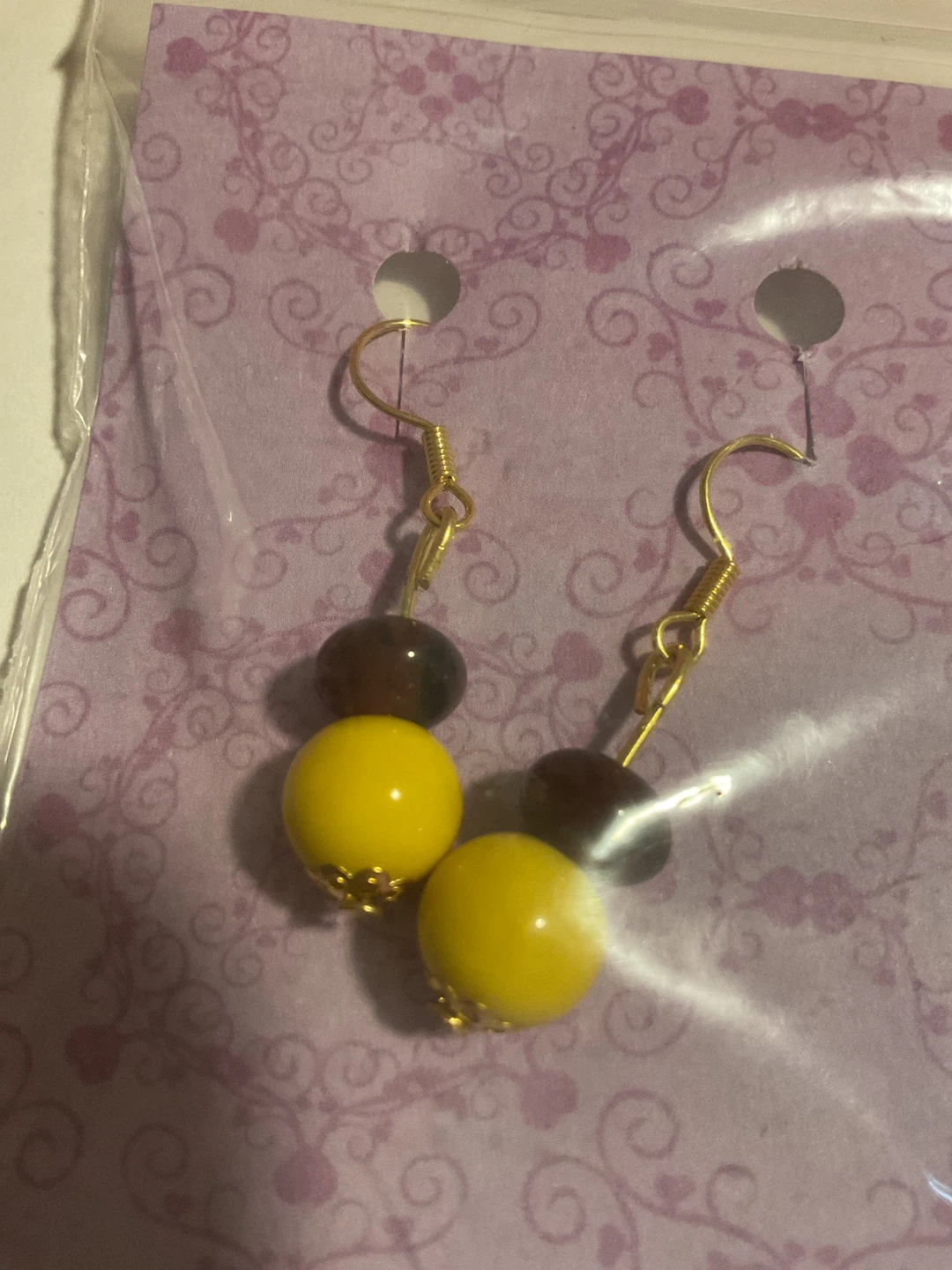 Yellow and dark brown beaded hook earrings - photo 2