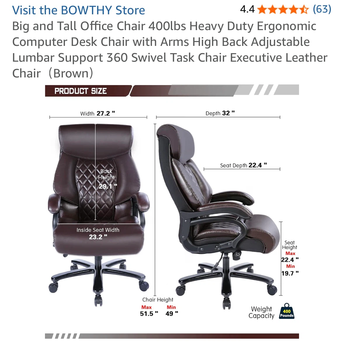 BOWTHY Big and Tall Heavy Duty Office Chair - photo 2