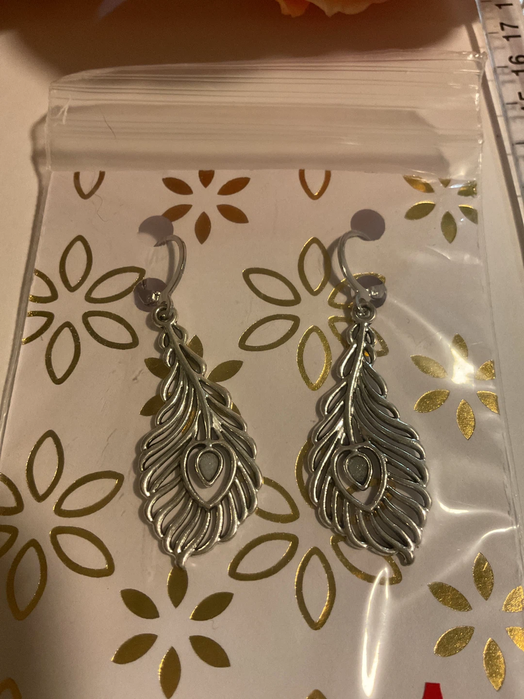 Silver-Tone Peacock Feather Drop Earrings