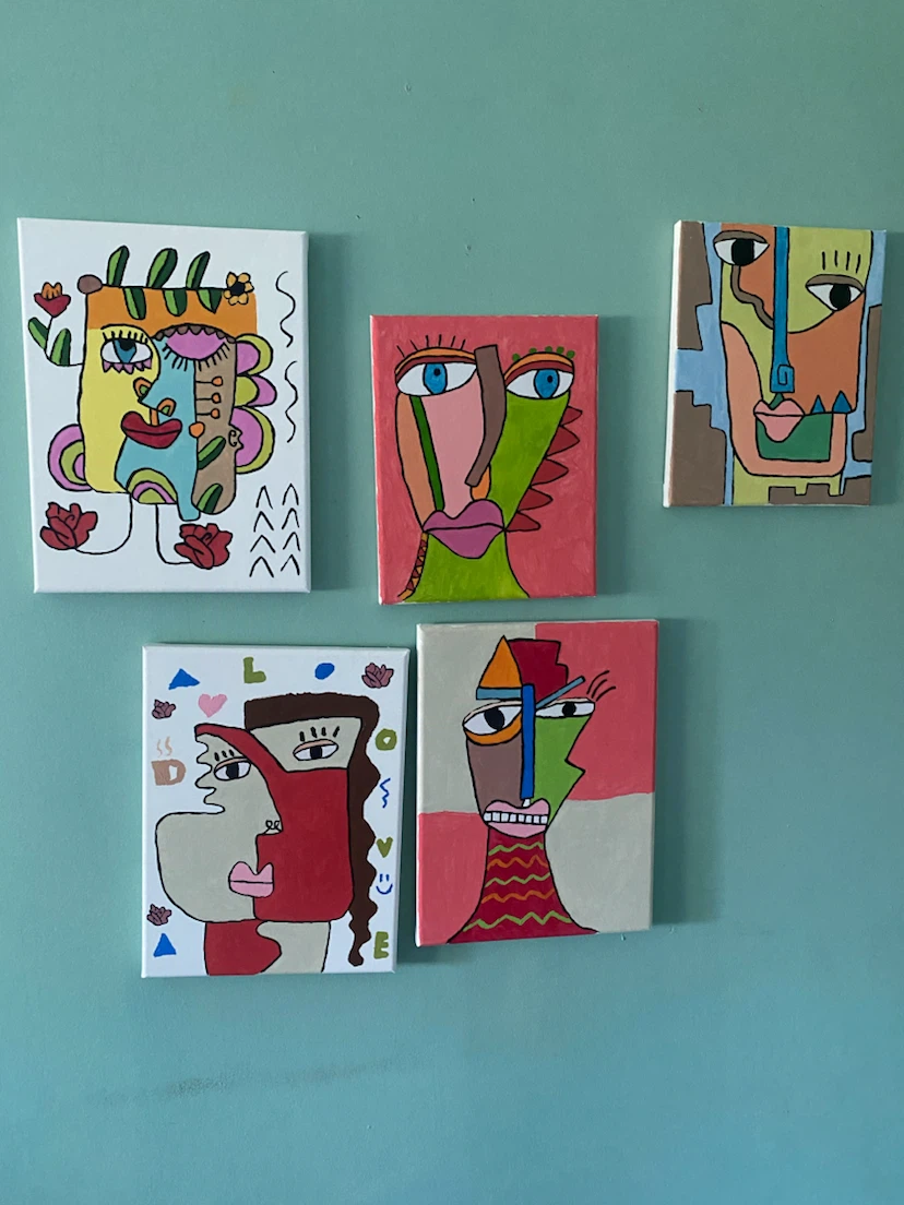 Set of 5 Abstract Face Canvas Paintings