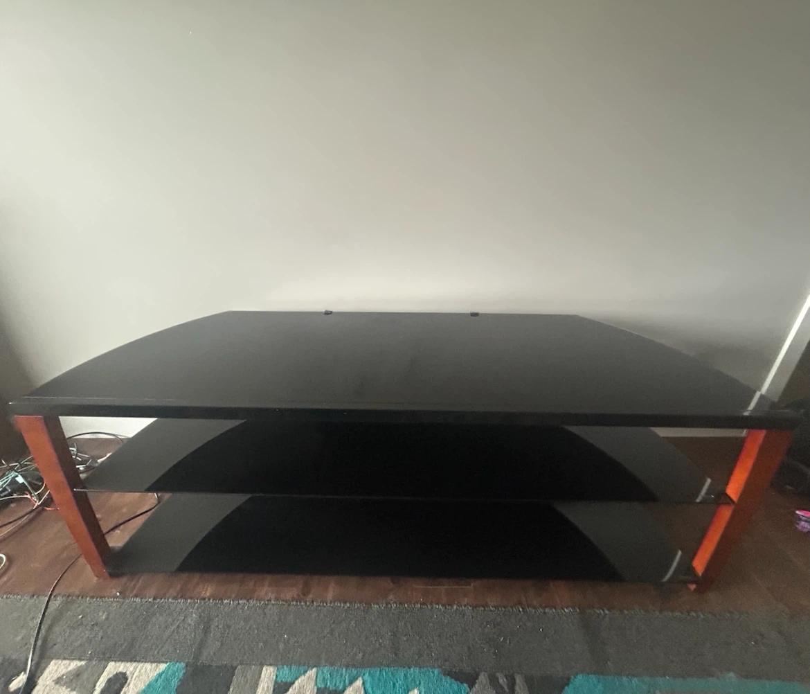 Black tempered Glass TV Stand with Wood Accents