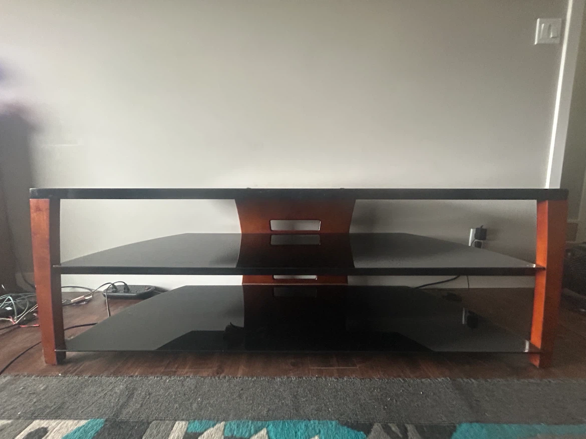 Black tempered Glass TV Stand with Wood Accents - photo 3