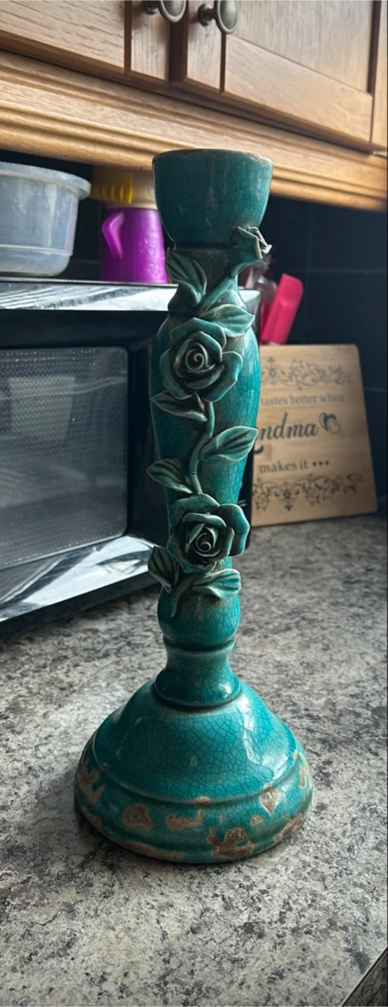 Turquoise Ceramic Rose Candle Holder