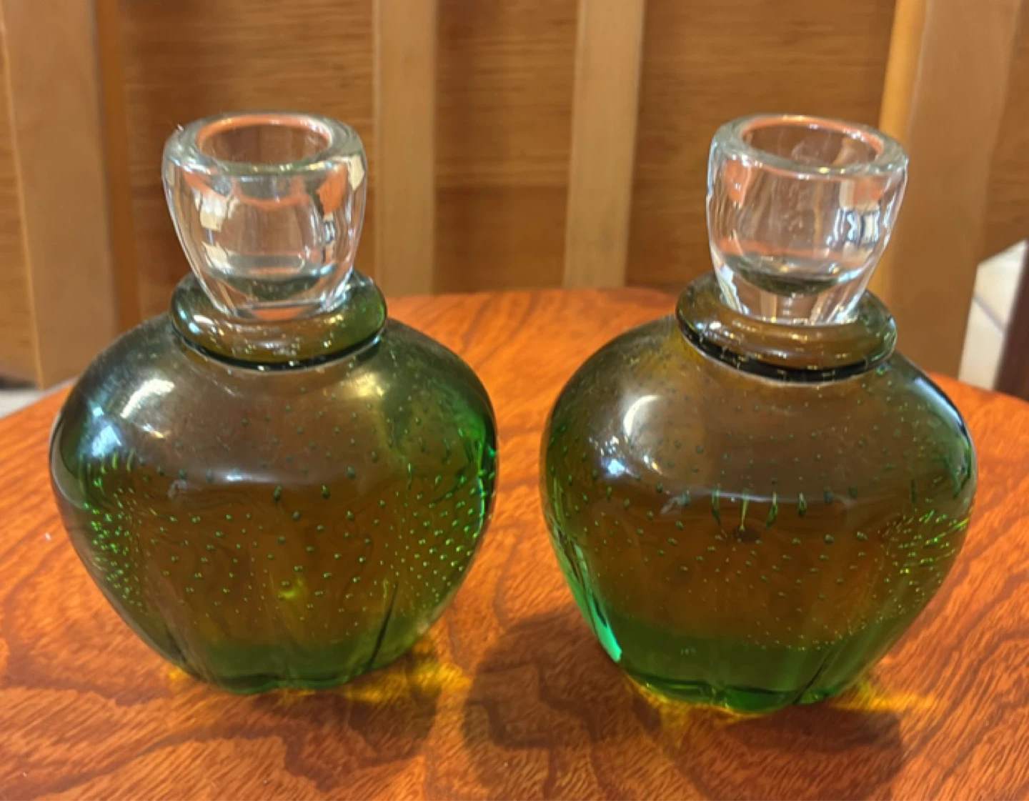 Vintage Emerald Green Controlled Buble Art Glass Candle Holders