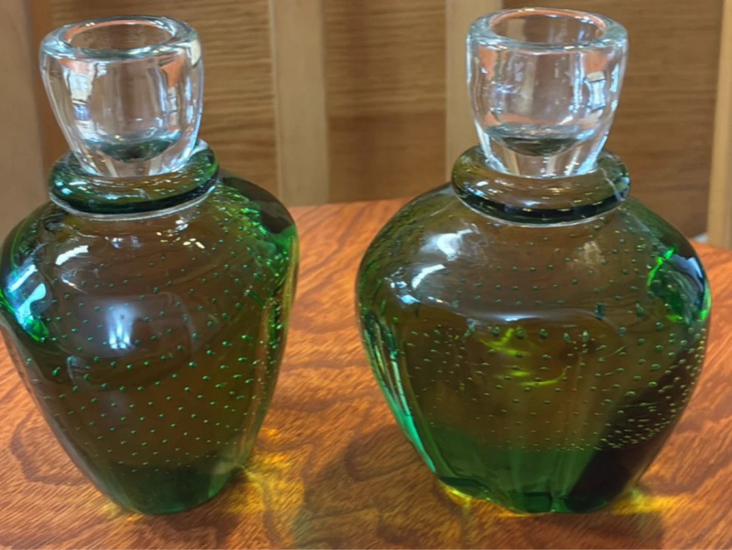 Vintage Emerald Green Controlled Buble Art Glass Candle Holders - photo 2