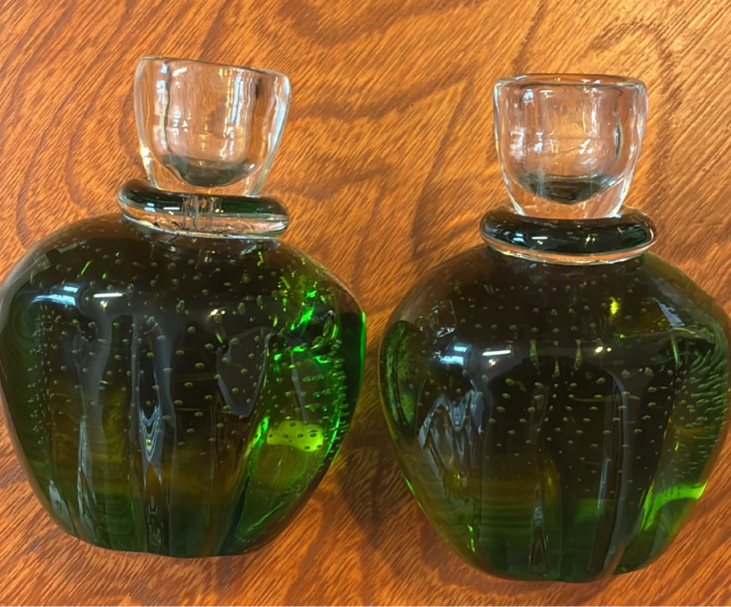Vintage Emerald Green Controlled Buble Art Glass Candle Holders - photo 3
