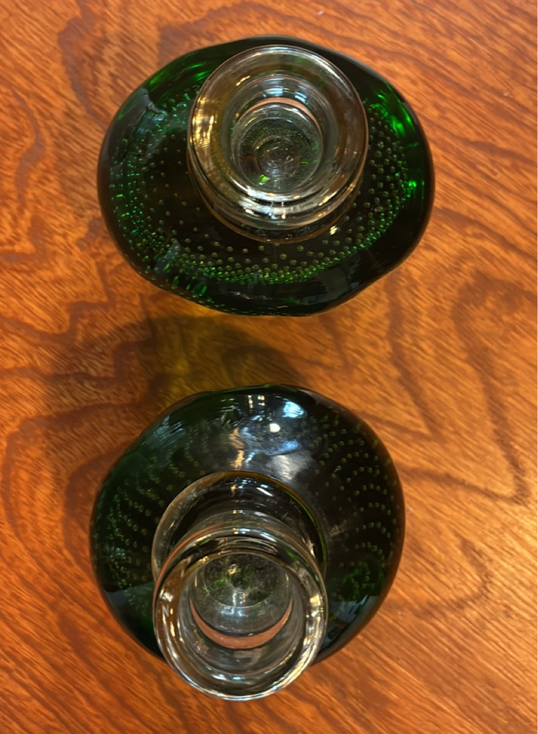 Vintage Emerald Green Controlled Buble Art Glass Candle Holders - photo 5