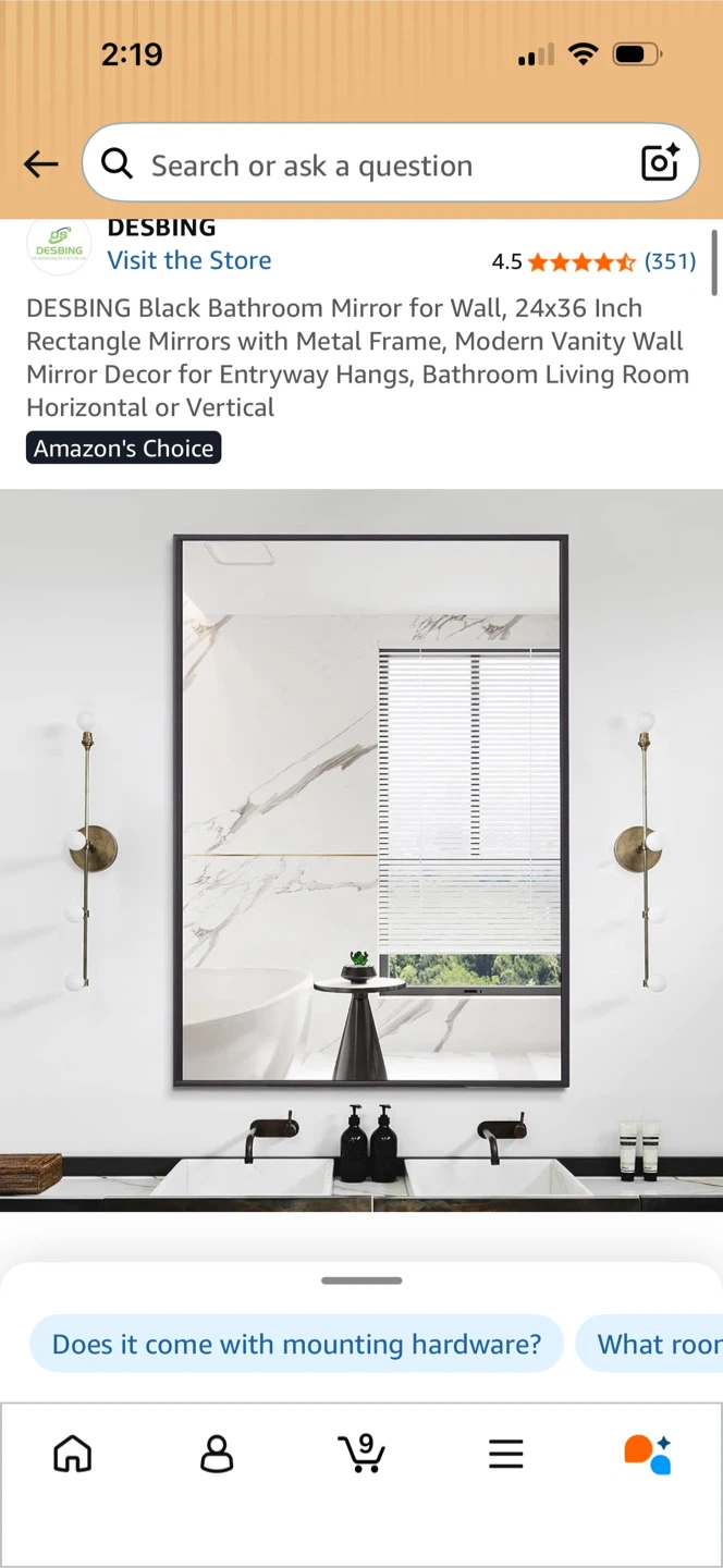 Black Wall-Mounted Mirror 24x36 Inch