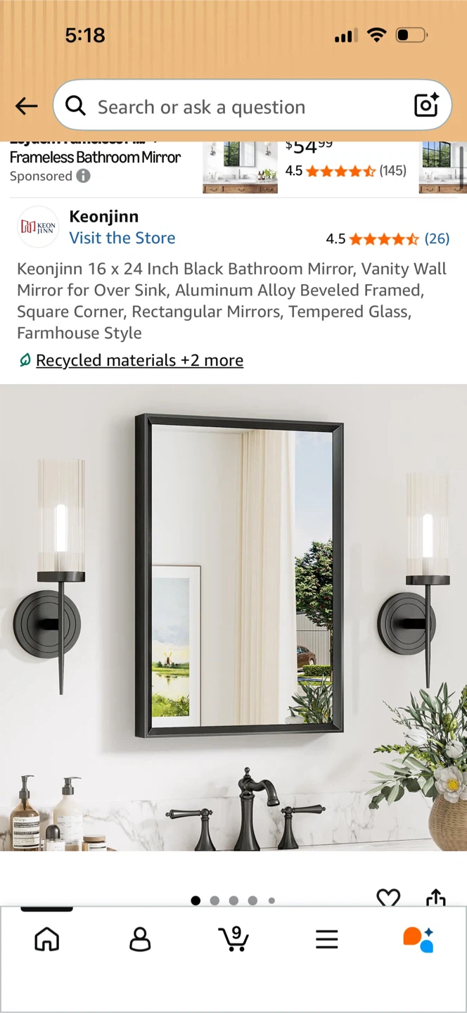 Black Bathroom Wall Mirror 16 x 24 Inches