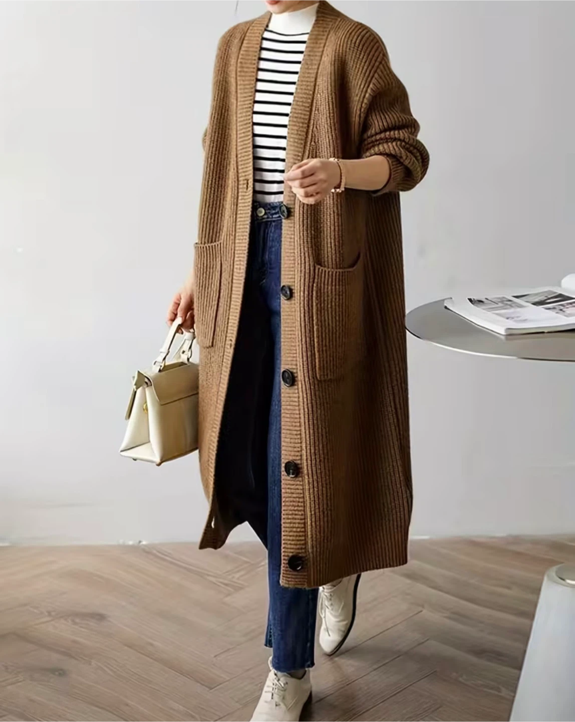 Long Brown Ribbed Knit Cardigan