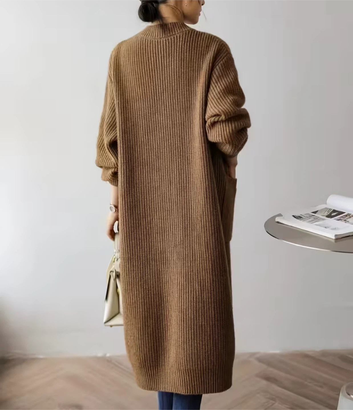 Long Brown Ribbed Knit Cardigan - photo 2