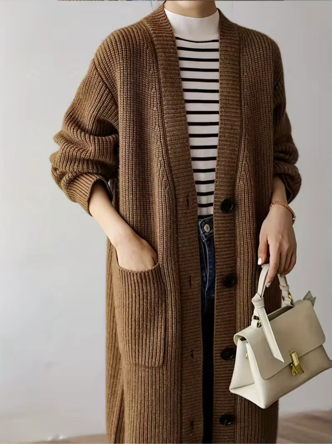 Long Brown Ribbed Knit Cardigan - photo 3