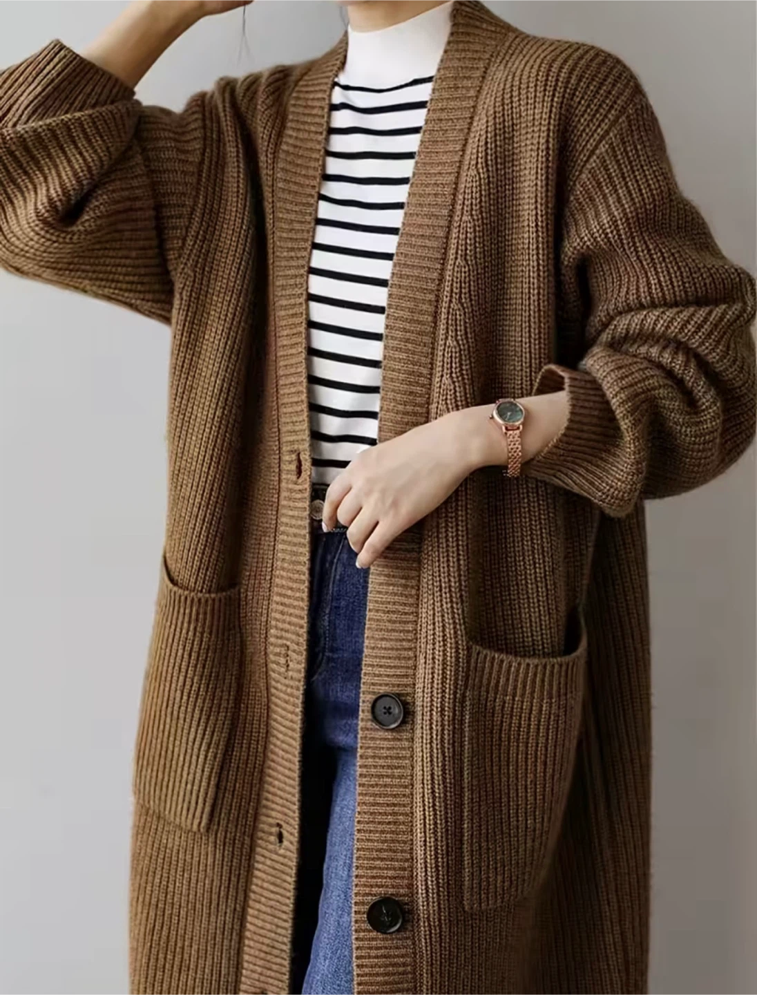Long Brown Ribbed Knit Cardigan - photo 4