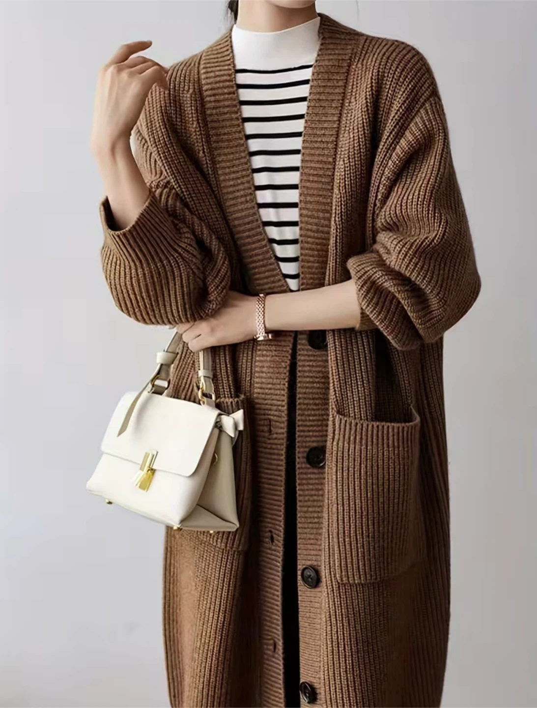 Long Brown Ribbed Knit Cardigan - photo 5