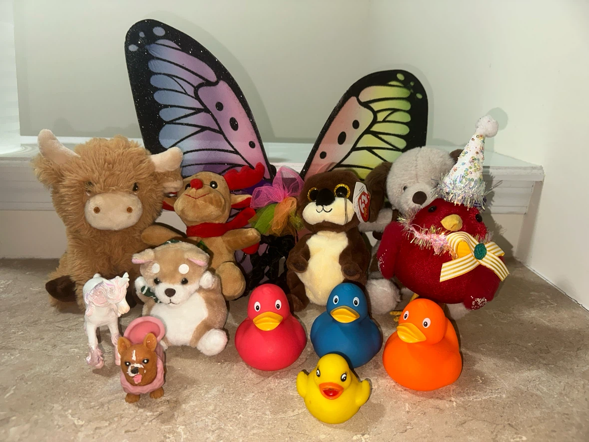 Assorted Plush Toys and Rubber Ducks, butterfly costume