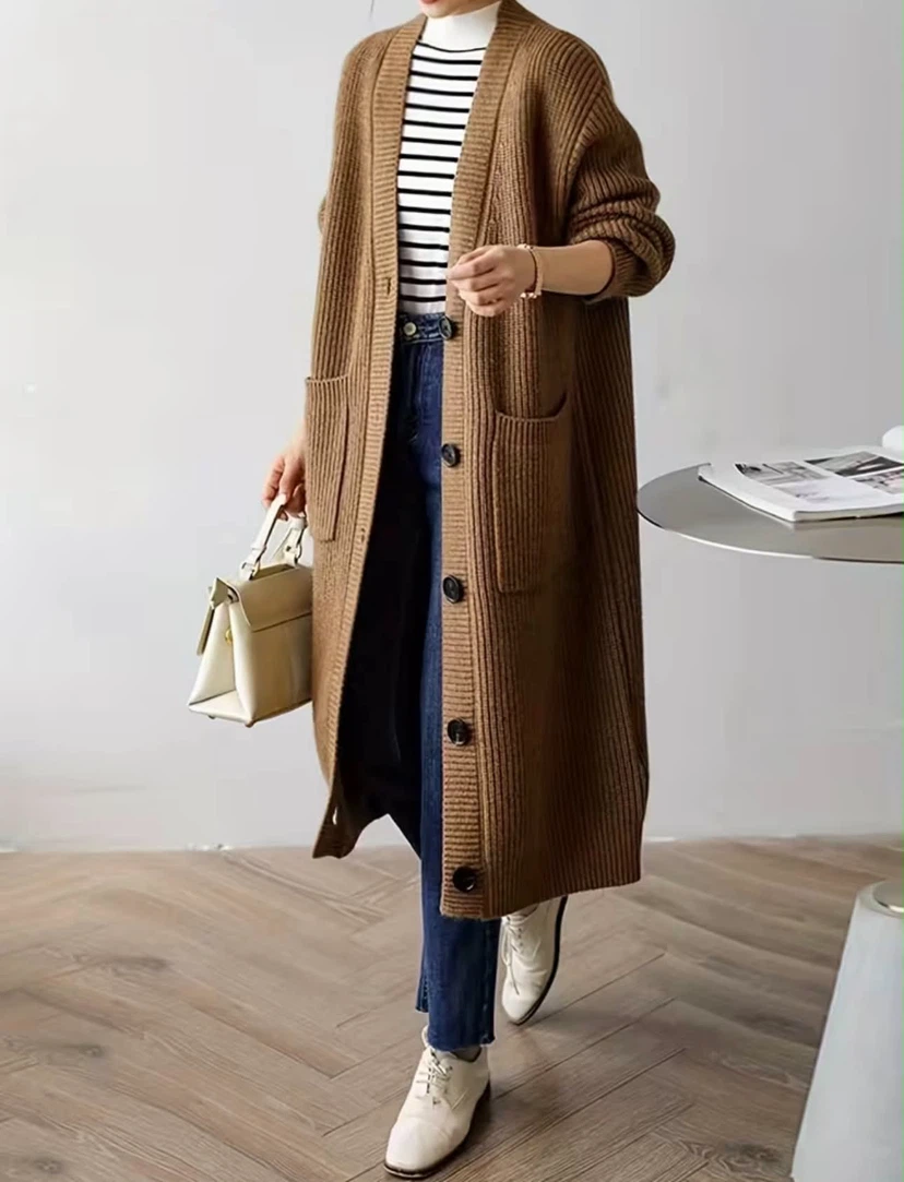 Long Brown Ribbed Knit Cardigan