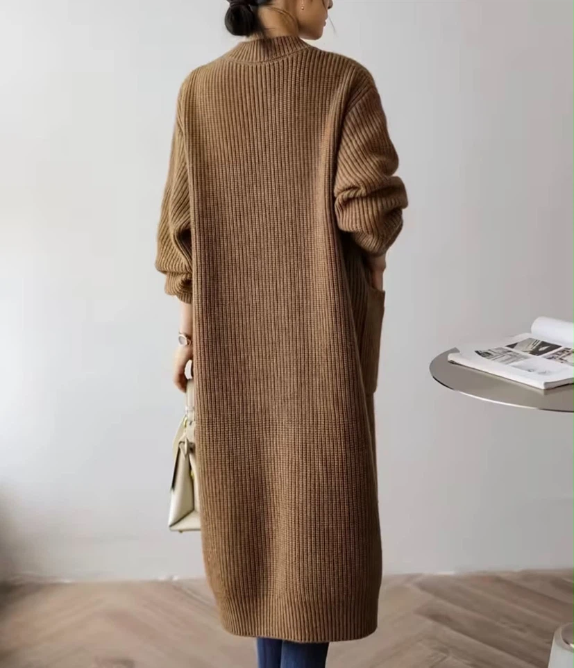 Long Brown Ribbed Knit Cardigan - photo 2