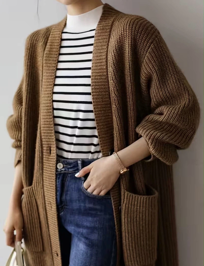 Long Brown Ribbed Knit Cardigan - photo 3