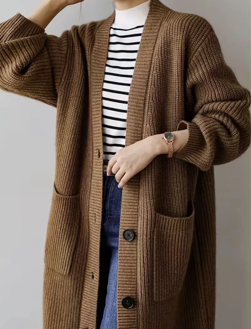 Long Brown Ribbed Knit Cardigan - photo 4