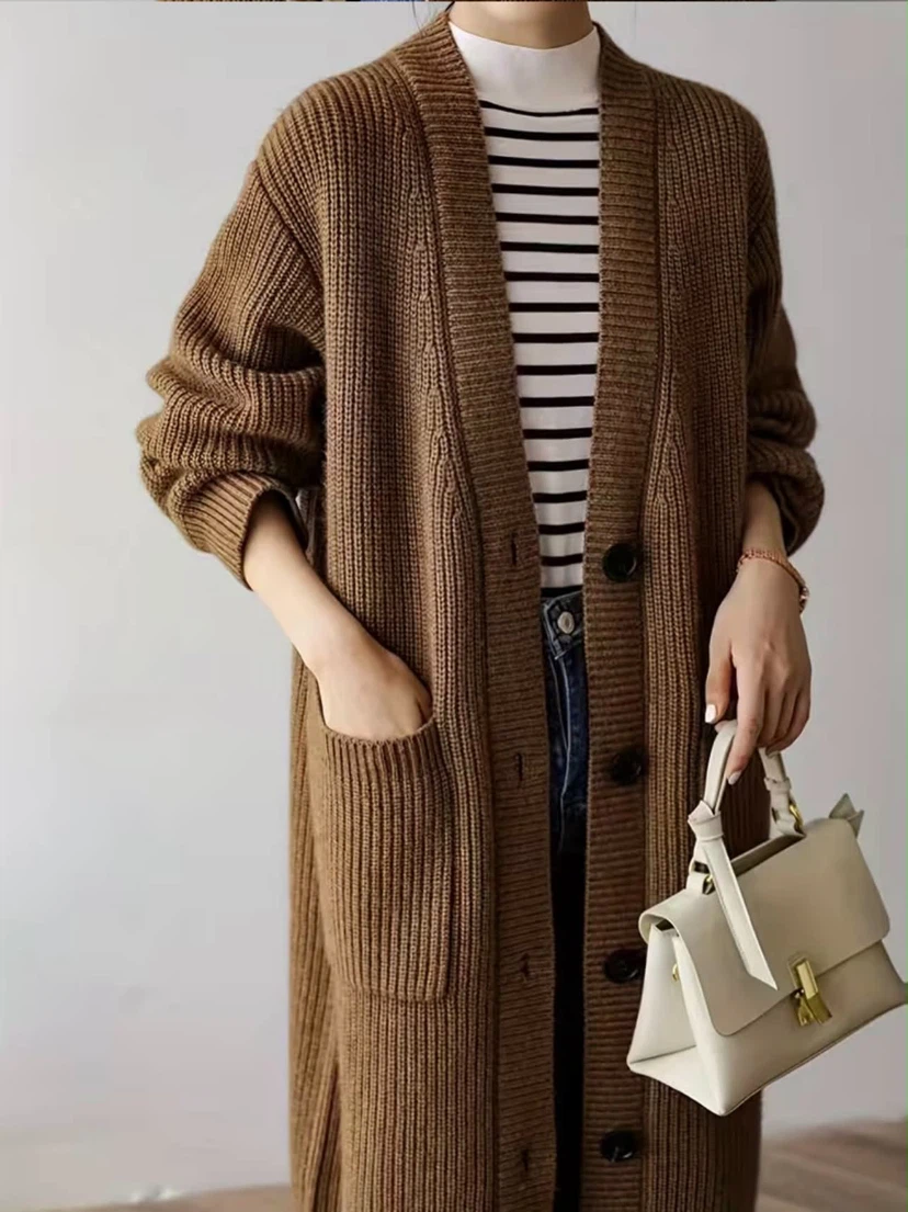 Long Brown Ribbed Knit Cardigan - photo 5