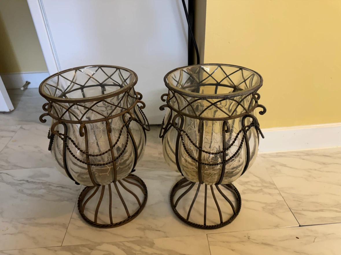 Set of Two Decorative Glass and Metal Urns