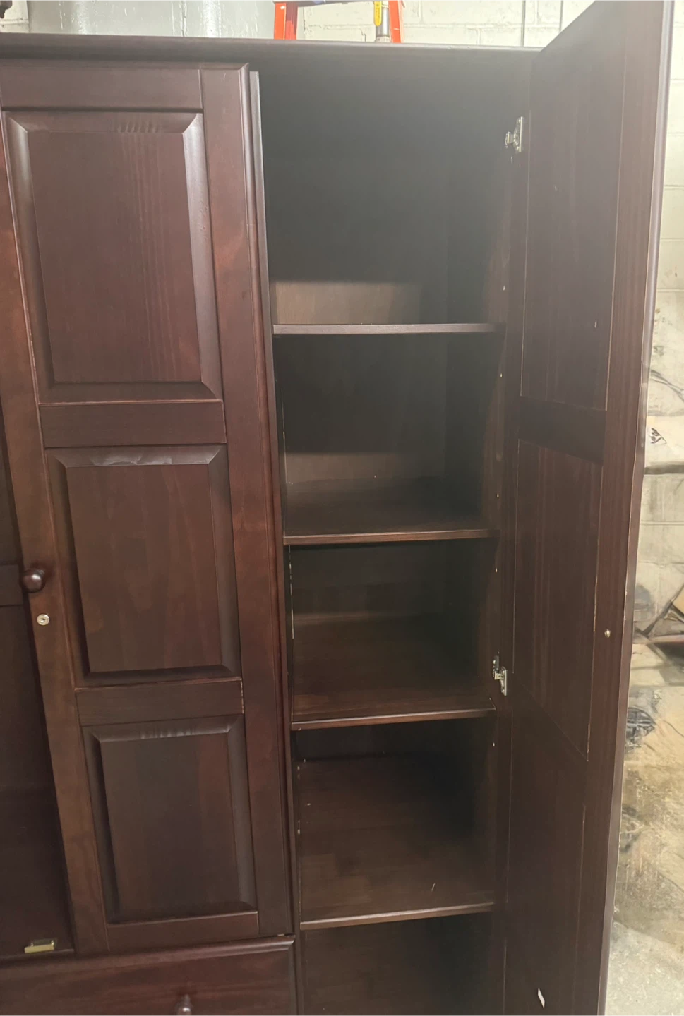 Dark Wood Wardrobe with Drawer and Shelves