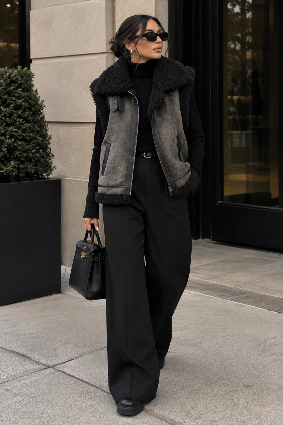 Grey Faux leather and Shearling Vest