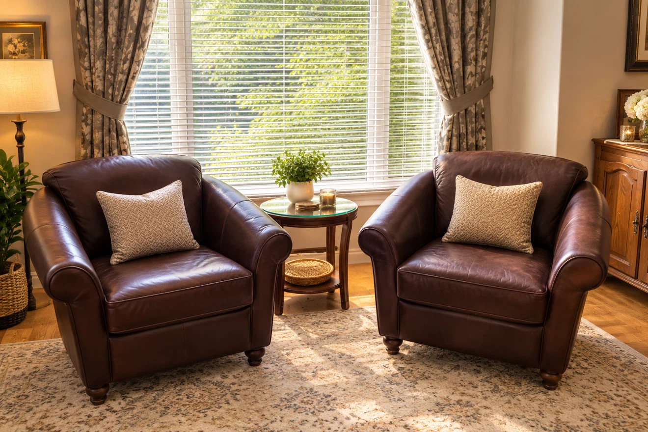Set of Two Brown Leather Armchairs