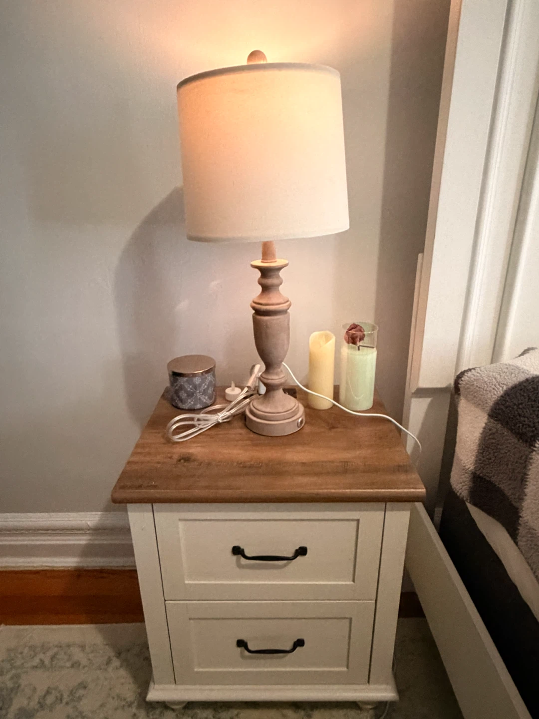 Farmhouse Style Two-Drawer Nightstand with Lamps