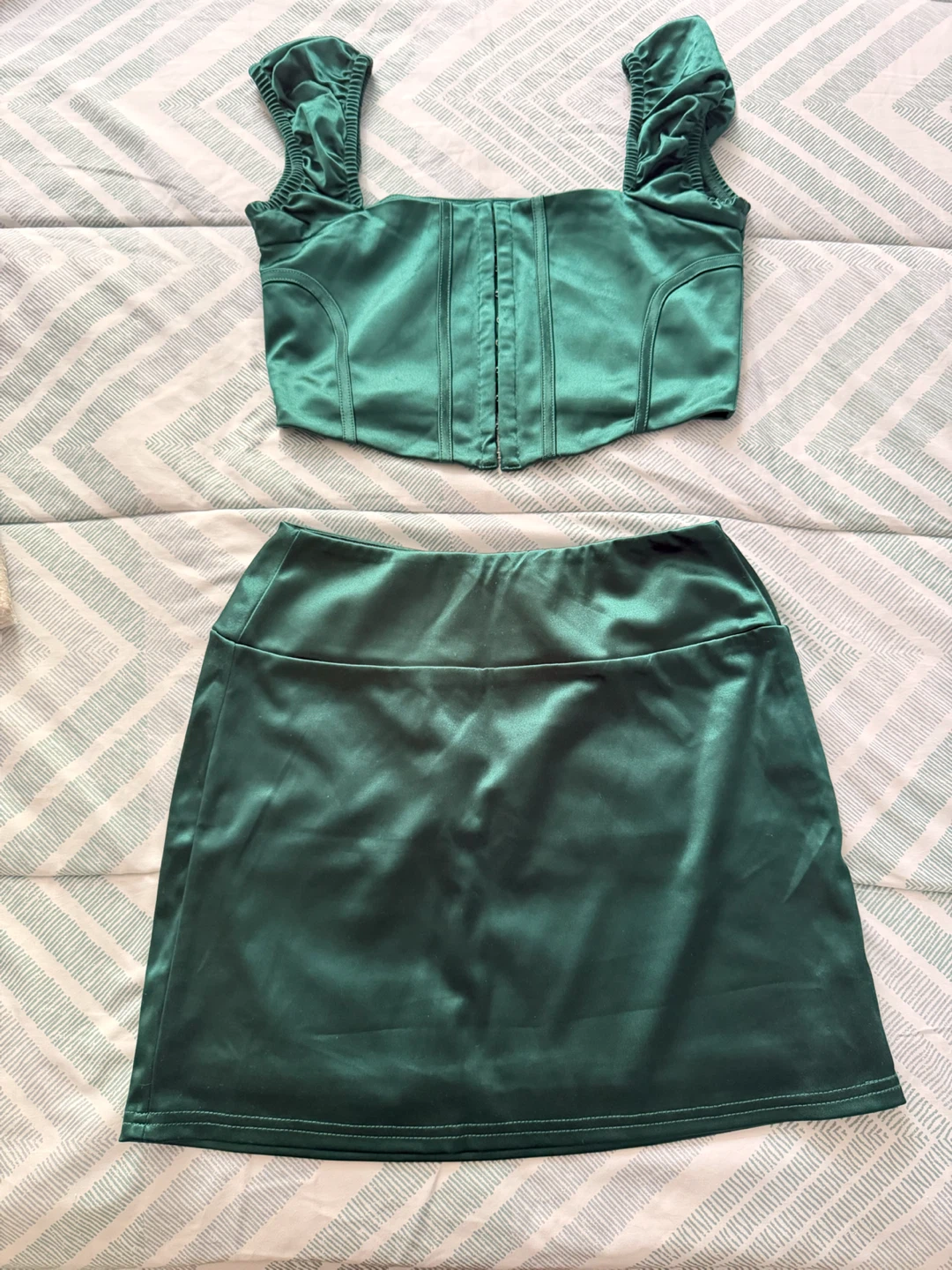 Green Satin Corset Top and Skirt Set