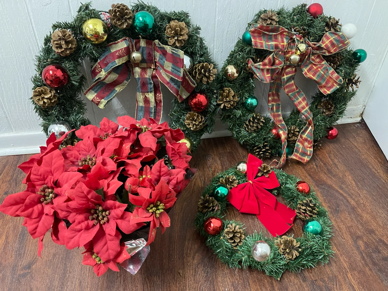 Christmas decor set with two wreaths and faux poinsettia