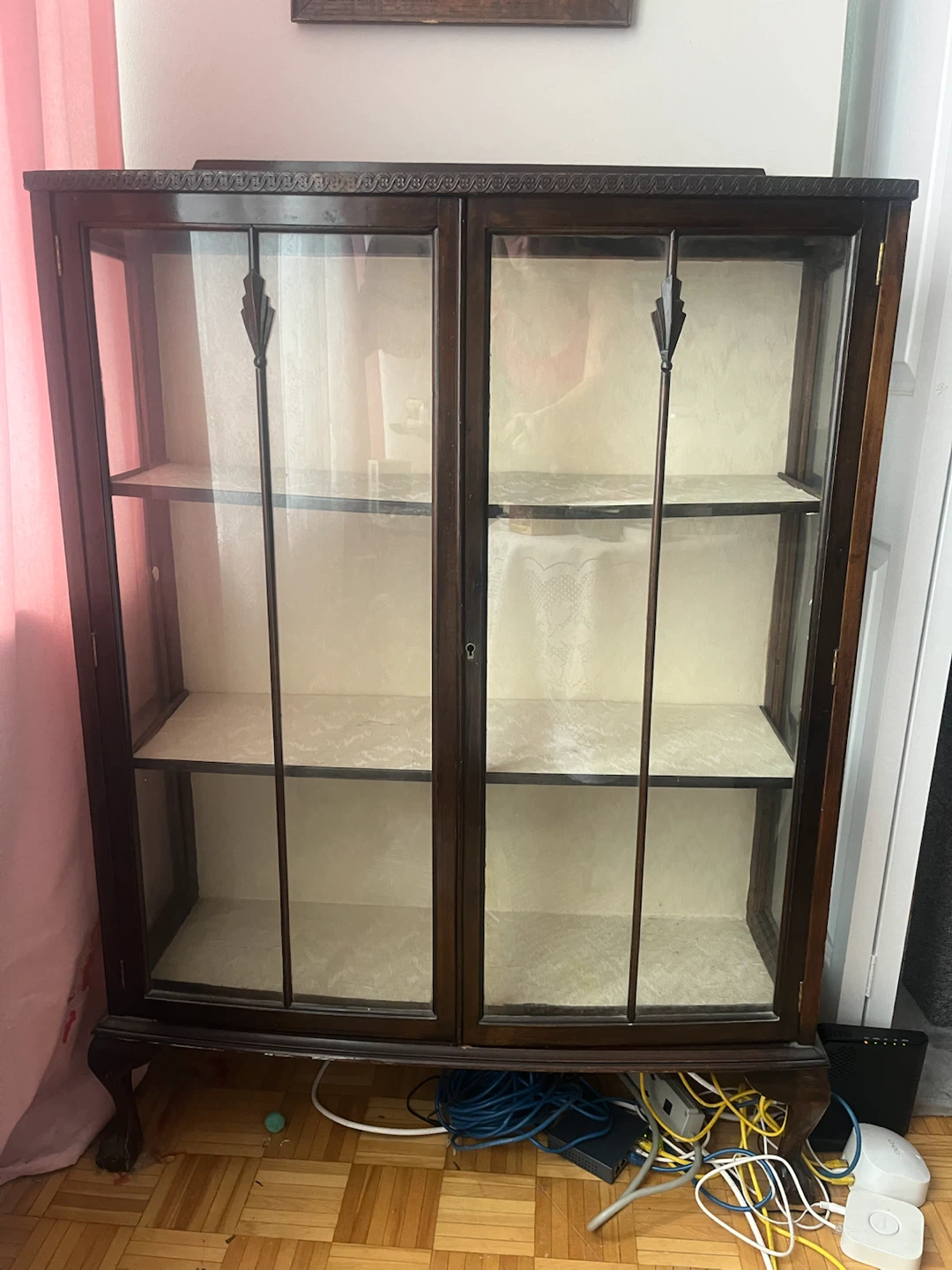 Antique Mahogany Glass-Front China Cabinet with Cabriole Legs