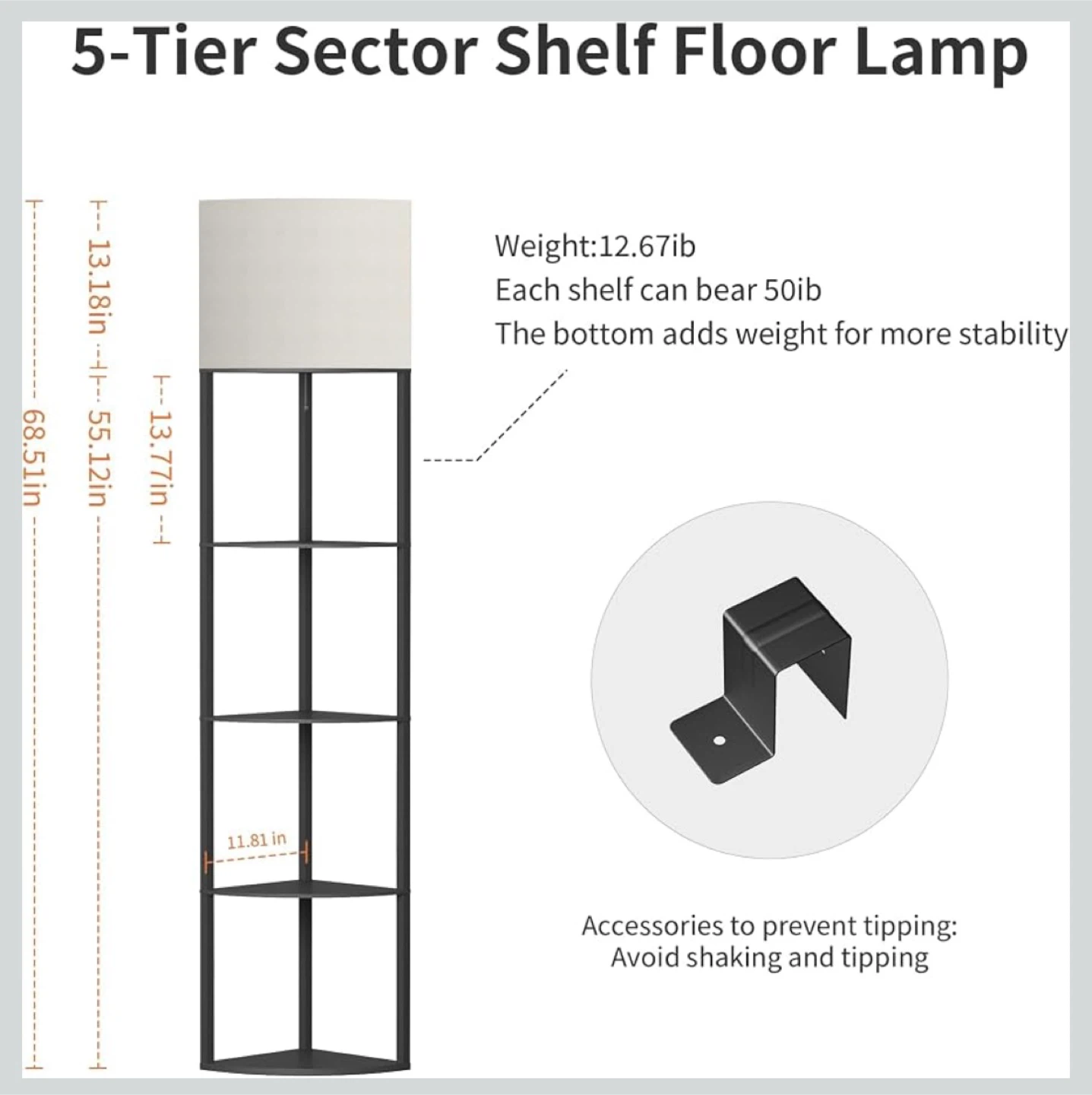 5-Tier LED Floor Lamp with Wood Shelves and Linen Shade - photo 3