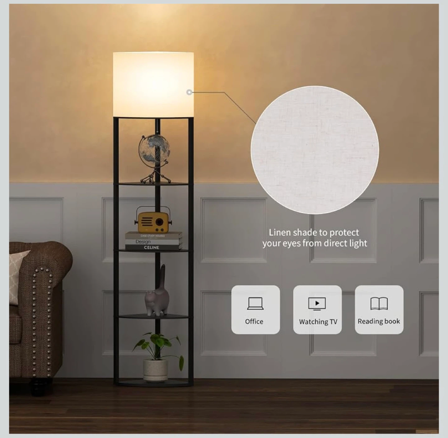 5-Tier LED Floor Lamp with Wood Shelves and Linen Shade - photo 2