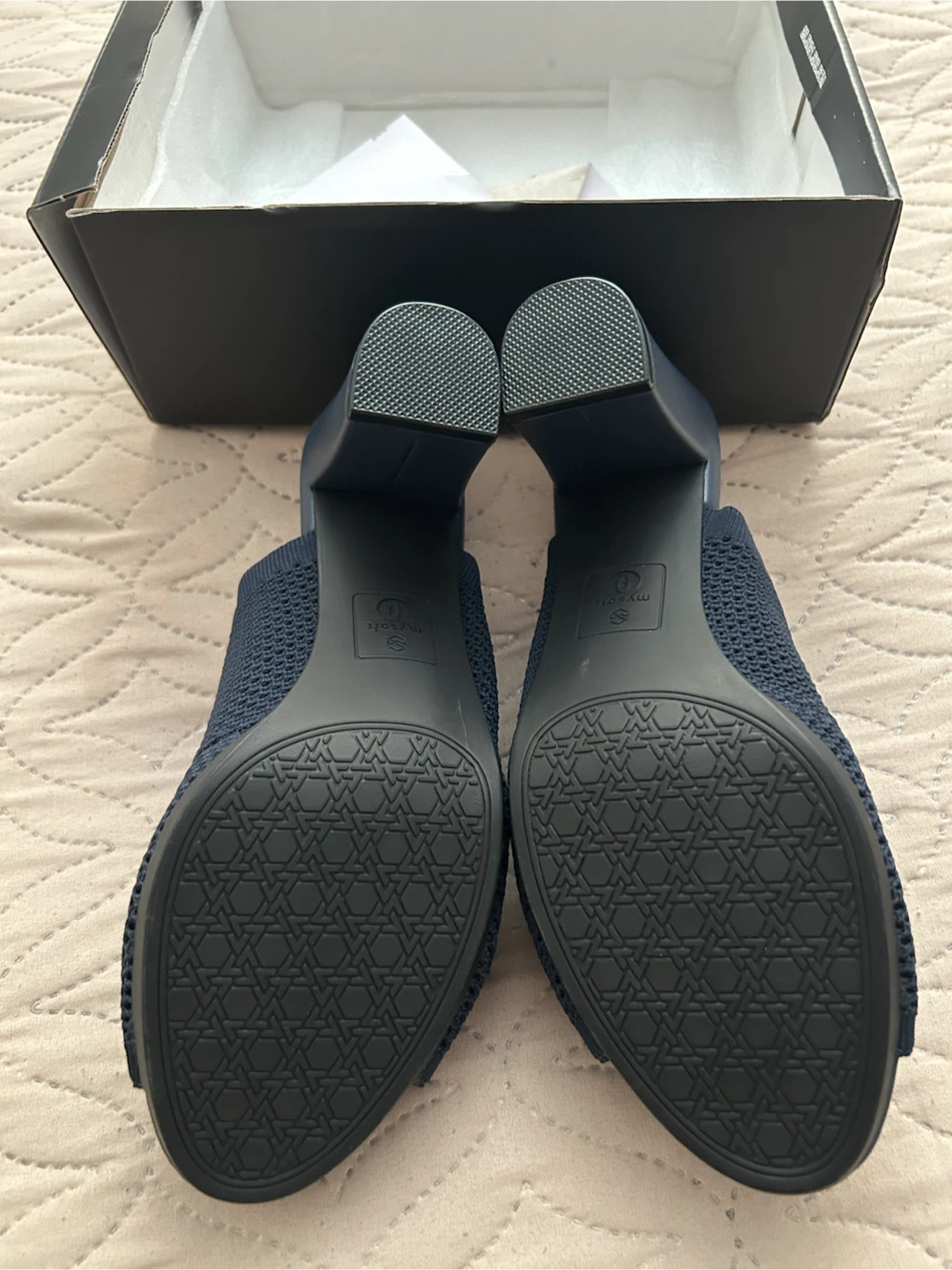 Mysoft Navy Knit Block Heels